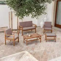 Set relax divano due poltrone e tavolino da caffè in legno di acacia con cuscini imbottiti - Paja