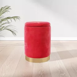 Pouf contenitore 29 cm effetto velluto rosso base oro - Elenor