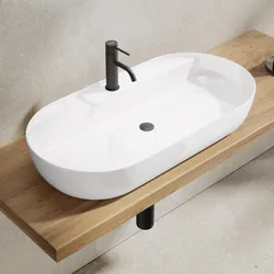 Lavabo ovale da 80 cm in ceramica bianco lucido da appoggio monoforo