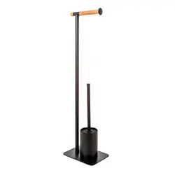 Relaxdays Piantana Bagno Con Mensola, Portarotolo, Scopino e Portascopino,  Base Quadrata, Effetto Legno, H 78 cm, Nero