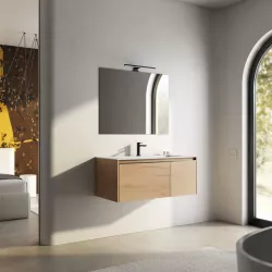 Mobile bagno sospeso 100 cm color rovere con lavabo e specchio - Edith