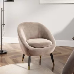 Poltrona imbottita in velluto tortora con piedini in legno nero e oro - Oyster