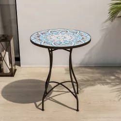 Tavolo rotondo 60 cm in metallo nero e top con decorazione mandala toni del blu - Otranto