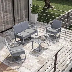 Set relax divano 2 poltrone e tavolino in polyrattan e alluminio grigio – Jerez