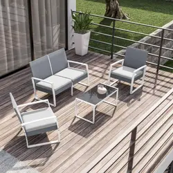 Set relax divano 2 poltrone e tavolino in polyrattan grigio e alluminio bianco – Jerez
