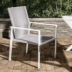 Sedia da giardino bianca in alluminio con schienale e seduta in corda - Kham