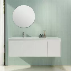 Mobile bagno sospeso 140 cm bianco opaco lavabo sx e specchio rotondo - Lilium
