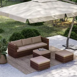 Set relax in polyrattan marrone con divano componibile e tre pouf - Minosse