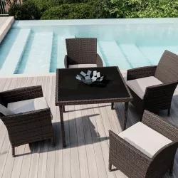 Tavolo da giardino quadrato 80x80 cm in polyattan marrone scuro con top in vetro - Capri