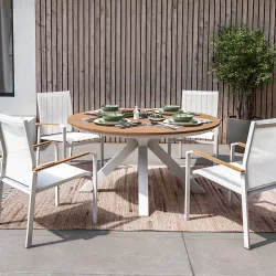 Tavolo rotondo 150 cm con top in legno in alluminio bianco – Miranda