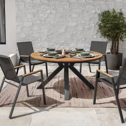 Tavolo rotondo 150 cm con top in legno in alluminio antracite - Miranda