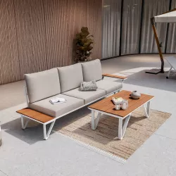 Set relax in alluminio bianco con divano 3 posti e tavolino da caffè - Miranda