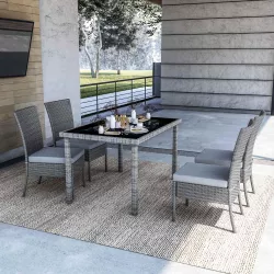 Set pranzo tavolo 120x75 cm e 4 sedie con cuscini grigi in polyrattan grigio - Ischia