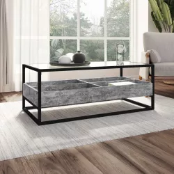 Tavolino rettangolare in metallo con top in vetro e ripiano grigio cemento - Tod