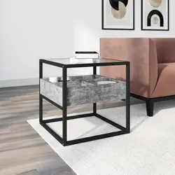 Tavolino quadrato in metallo con top in vetro e ripiano grigio cemento - Tod