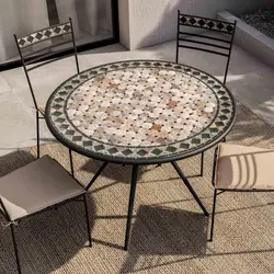 Tavolo da giardino rotondo 110 cm top in gres porcellanato a mosaico in metallo nero - Maestrale