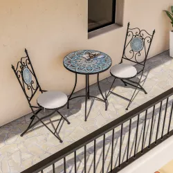 Set bistrot 2 sedie e tavolo rotondo 60 cm con decorazione mandala blu - Otranto