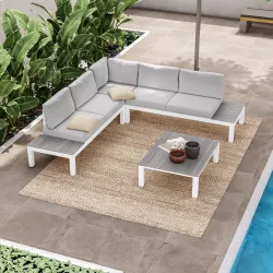 Set relax divano angolare grigio e tavolino in alluminio bianco e polywood - Stephane