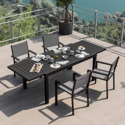 Set pranzo tavolo 160/240x90 cm e 4 sedie con braccioli quadrati in alluminio e textilene antracite - Carioca