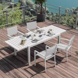 Set pranzo tavolo 160/240x90 cm e 4 sedie con braccioli in alluminio e  textilene bianco 