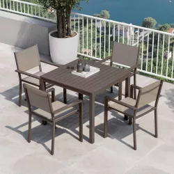 Set pranzo tavolo 90x90 cm e 4 sedie con braccioli in alluminio e textilene tortora - Carioca