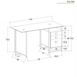 Scrivania 142x70 cm piano in vetro con struttura in metallo e cassettiera  in legno grigio - Fulton