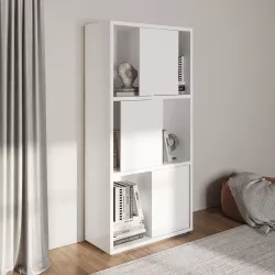 Libreria 90x188h cm con ante scorrevoli in legno bianco lucido - Reina