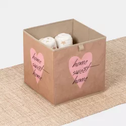 Cubo contenitore 32X32 cm in tessuto beige con fantasia cuore rosa - Tiny