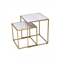 Set 2 tavolini in metallo oro con piano effetto cemento bianco