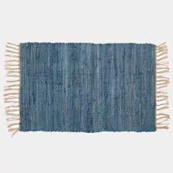 Tappeto da interni 140x70 cm in cotone blu con frange