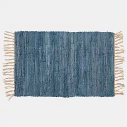 Tappeto da interni 120x170 cm in cotone blu con frange
