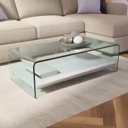 Tavolino 110x55 cm in vetro trasparente con ripiano in legno bianco - City