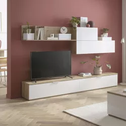 Mobile porta TV basso Baltik dal design moderno. Parete attrezzata moderna  con 2 ante bianco anticato e un ripiano, dimensioni 139x42xh53 cm.