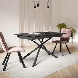 Tavolo allungabile 140-180x85 cm top in ceramica effetto marmo con gambe in metallo nero - Augusto