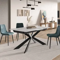 Tavolo allungabile 160-200x90 cm top in ceramica bianco effetto marmo con gambe in metallo nero - Augusto
