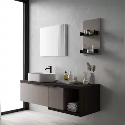 Mobile bagno sospeso 150 cm profondo 51,5 cm tortora con boiserie dx e specchio - Desiderato