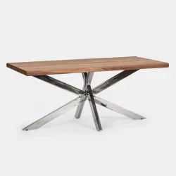 Tavolo 160x90 cm piano in legno di acacia 55 mm e gambe a croce in metallo cromo - Freia Acacia