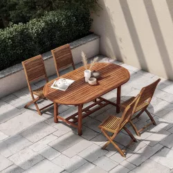 Set pranzo tavolo allungabile 180/240x100 cm e 4 sedie pieghevoli in legno di acacia - Paja