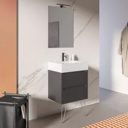 Mobile da 60 cm soft touch nero carbone opaco con top lavabo e specchio 65x70 cm - Agata