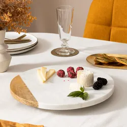 Piatto girevole rotondo 30 cm in legno di mango e marmo bianco