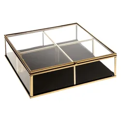 Portagioie 20x6h cm in vetro e metallo oro con fondo in velluto e 4 scomparti