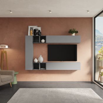 Parete attrezzata 180 cm in legno rovere nordico e grafite - Eike