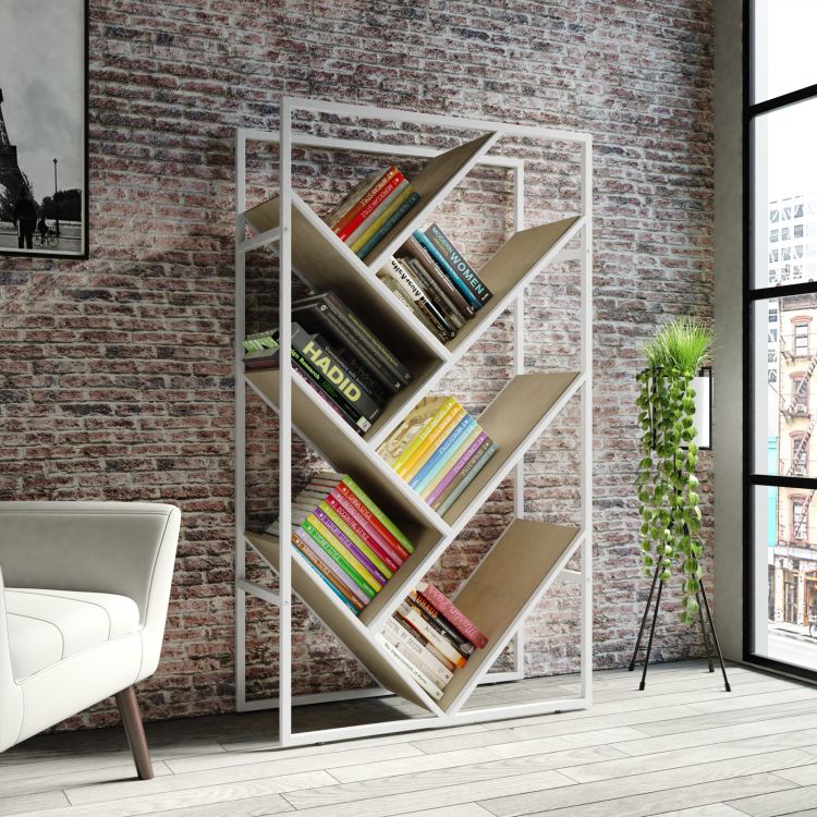 Scrivania 143x150 cm in legno noce ritz e struttura in metallo bianco con  libreria integrata h184 cm - Apta