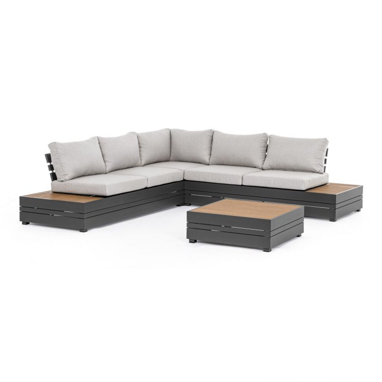 Set relax divano angolare e tavolino da caffè in alluminio antracite con  cuscini beige - Scilla