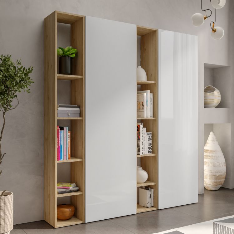 Libreria 221x186h cm 5 elementi bianco lucido con vani a giorno e 3 ante -  Clary