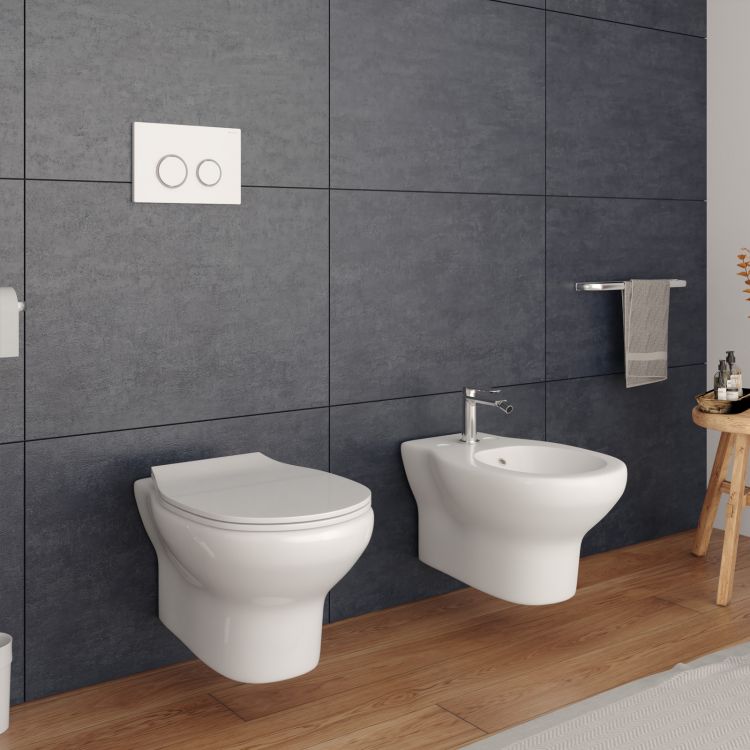 Coppia di Sanitari WC e Bidet Sospesi in Ceramica 48.5x36.5x36.5 cm Rimless  Round Bianco