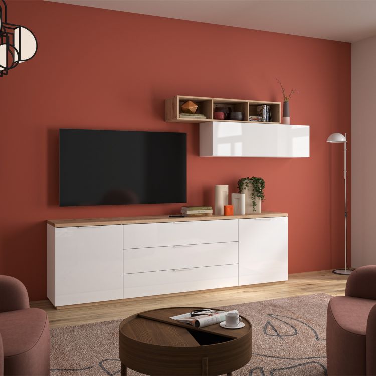 Parete attrezzata Dmutt, Set da soggiorno moderno, Mobile salotto multiuso,  200x29h80 cm, Bianco e Cemento