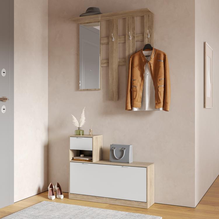 Maya Mobile Corridoio Con Specchio - Appendiabiti Moderno Con Cassetto - Noce/Antracite - 80x60x31 Cm Per Ingresso