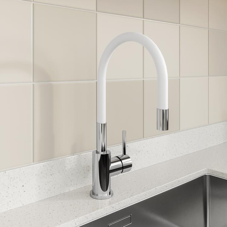 Rubinetto Cucina Girevole 360° In Acciaio Inox Con Due Doccette – Alta Pressione, Miscelatore Con Molla A Vista, Cromato