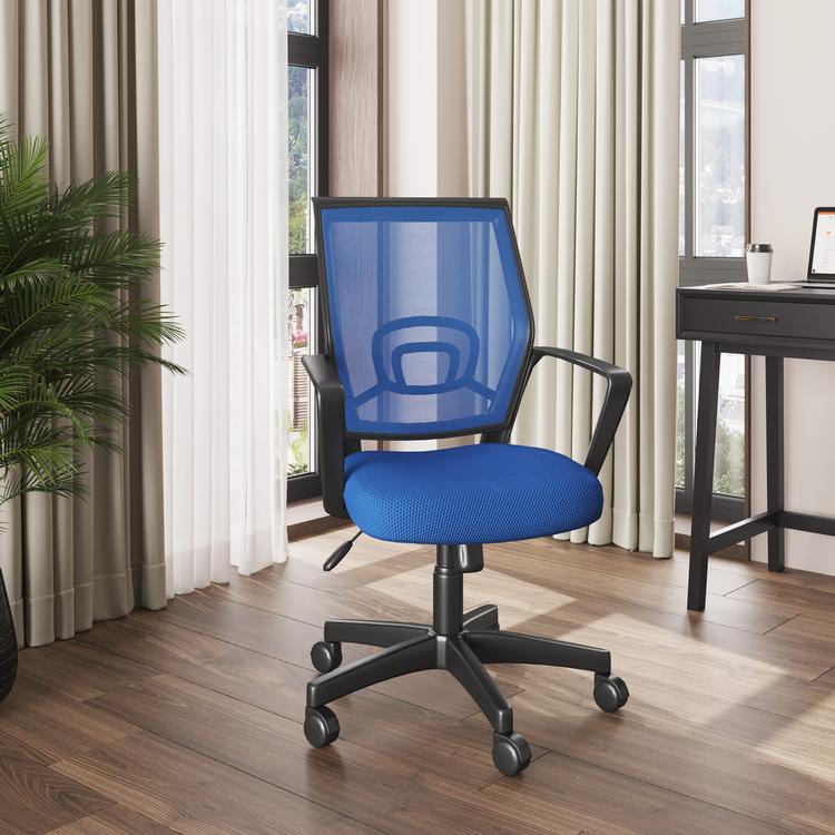 Sedia Girevole Da Ufficio In Tessuto Blu Con Altezza Regolabile E Braccioli